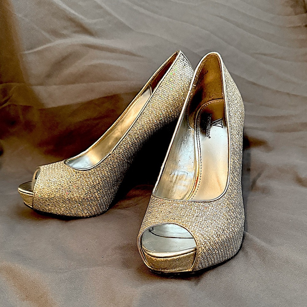 Silver, sparkly, 4.5 inch heels